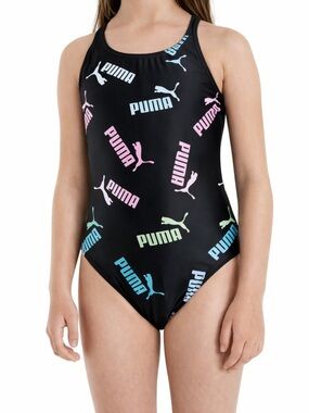 PUMA Girls One-Piece Swimsuit – Black with Colorful Logo Print Size 6